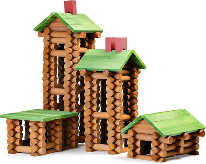 SainSmart Jr. 300 PCS Wooden Log Cabin Set Building House Toy for Toddlers, Classical STEM Construction Kit Compatible with Lincoln Logs for 3+ Kids