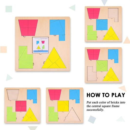 KINGOU 4 in 1 Wooden Tangram Puzzles for Kids Ages 3-8, 8 Play Modes Large Pattern Blocks Logic IQ Game, Montessori STEM Jigsaw Toy for Home & Classroom