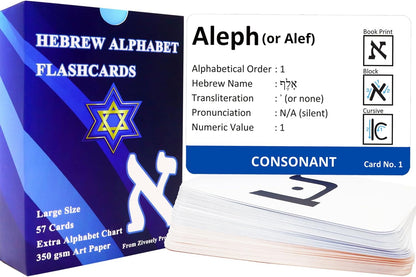 Hebrew Biblical Alphabet Flashcards, Complete Large Size 57 Cards Includes Consonants, Vowels, with Dagesh & Final Form, Hebrew Alef Bet Letter Educational Cards for Jewish Language Learning