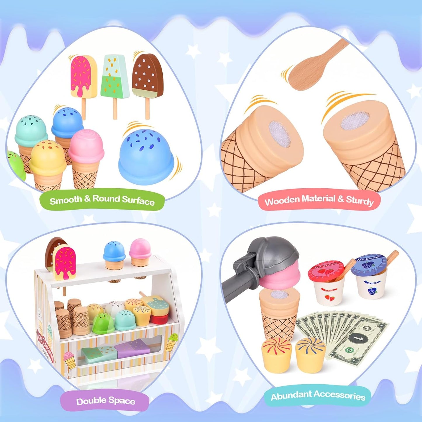 Wooden Ice Cream Toy, Ice Cream Counter Playset for Kids, Toddler Pretend Play Kitchen Accessories with Colorful Apron, Scoop, Menu, Fake Money, Birthday Gift Toys for 2 3 4 5 6 Year Old Boys Girls