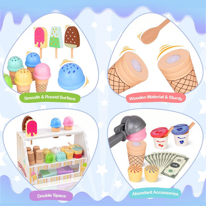 Wooden Ice Cream Toy, Ice Cream Counter Playset for Kids, Toddler Pretend Play Kitchen Accessories with Colorful Apron, Scoop, Menu, Fake Money, Birthday Gift Toys for 2 3 4 5 6 Year Old Boys Girls