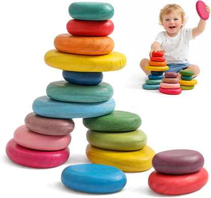 OESSUF Stacking Rocks 48Pcs Stacking Blocks Balancing Stacking Stones Wooden Building Toys Wood Stone Stacking Game for Toddler Sorting Preschool Educational Montessori Stacking Rocks for Kids