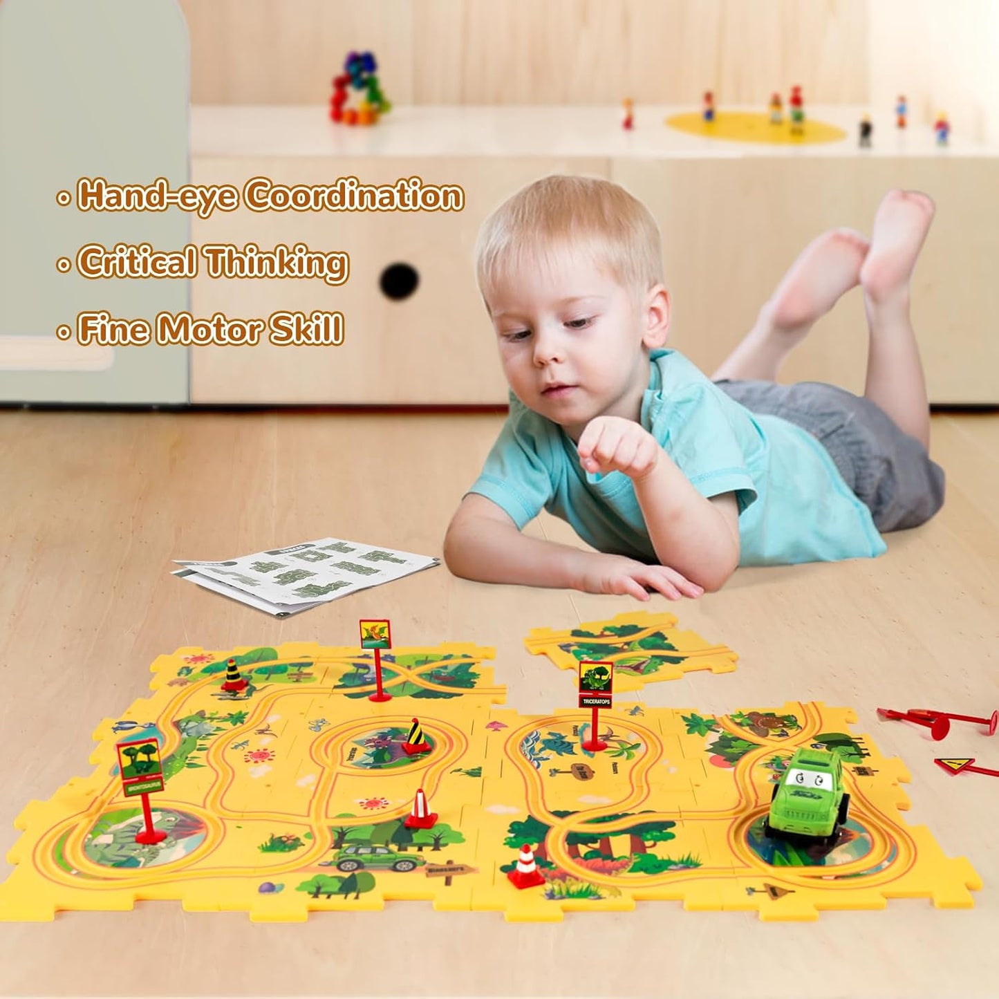 Plastic Floor Puzzles for Kids Ages 3-5, Puzzle Track Car Play Set, Educational Montessori Toys for 3 4 5 6 Year Old Boys, 3 4 5 6 Year Old Boy Birthday Gift, Boy Toys Age 3