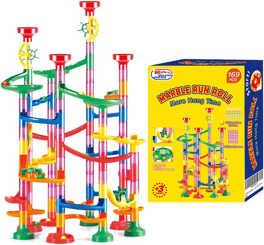 WEofferwhatYOUwant Marble Run Set – 169 Piece STEM Track Building Toy for Kids Ages 3+ with Glass & Color Marbles, Pink Connectors, Instruction Sheet | Creative Maze Tower Game for Learning & Fun
