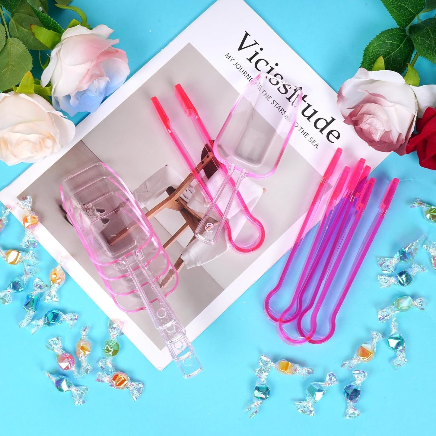 12Pcs Clear Plastic Ice Scoops Tongs Set, Small Tongs for Serving Food, Mini Candy Scoops for Candy Buffet Dry Goods Freezer Bin Canisters (Clear)
