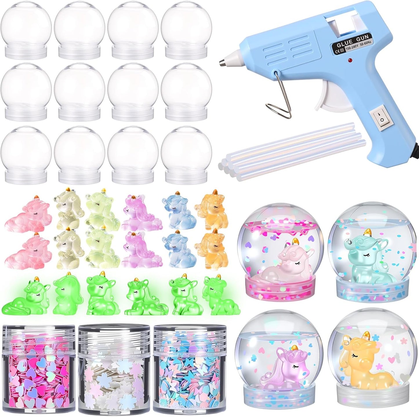 12 Sets DIY Duck Snow Globe Kit for Kids, 12 Globe Bottles, Glow in The Dark Duck Figurines, Glitter Sequins & Mini Hot Glue Gun, Summer Fun Craft Activity Set, Birthday Party Favor Gift