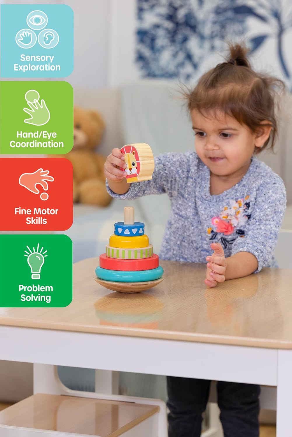 Jasey's Toy Chest Lion Stacking Rings | 7-Piece Wooden Stacker Toy with Colorful Rings & Lion Topper | Educational Toy for Toddlers Ages 12+ Months