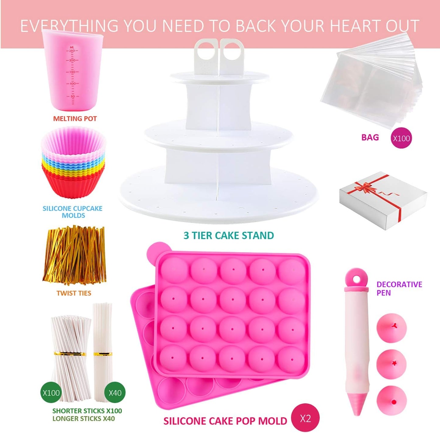Silicone Cake Pop Mold Set - 2 Pack Lollipop Molds Kit with 40 Cake Pop Sticks, 100 Candy Treat Bags, and 100 Gold Twist Ties, Great For Chocolate Lollipop, Candy, Cake Pops