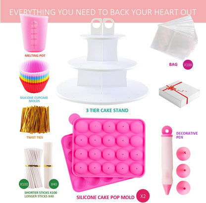 Silicone Cake Pop Mold Set - 2 Pack Lollipop Molds Kit with 40 Cake Pop Sticks, 100 Candy Treat Bags, and 100 Gold Twist Ties, Great For Chocolate Lollipop, Candy, Cake Pops