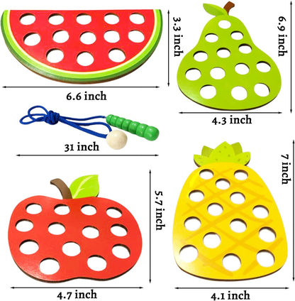 4 Pack Wooden Lacing Toy,Educational Threading Activity Puzzles,Learning Fine Motor Skill Travel Toy,Wooden Fruit Threading Set for Toddlers Kids 3 4 5 Year 1 Apple,1 Watermelon,1 Pineapple,1 Pear