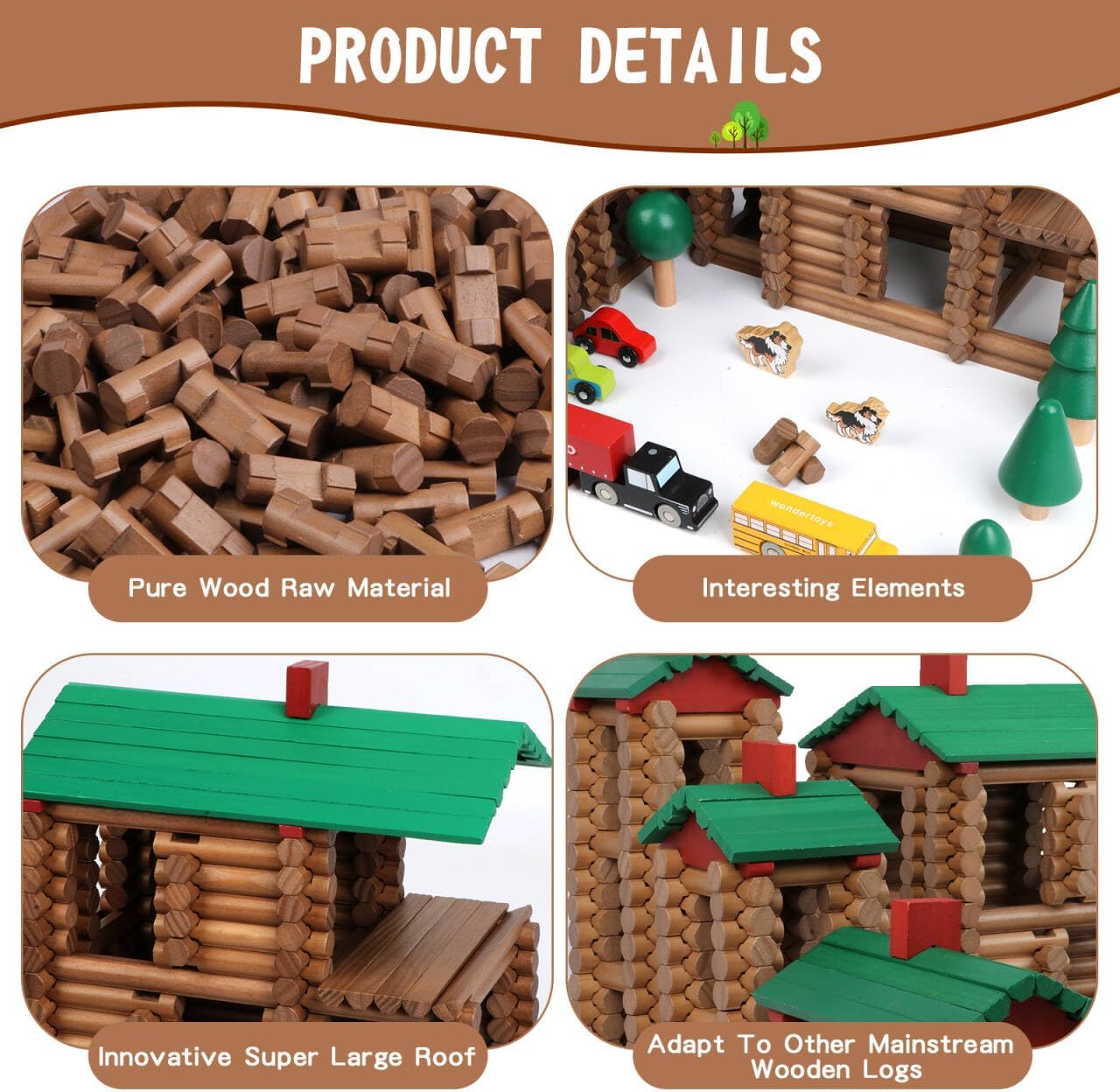 Wondertoys 208 Pcs Wooden Log Set - Classic Building Logs Ages 3+ - Best Retro Building Gift Set for Boys - Creative Construction Engineering Educational Gifts