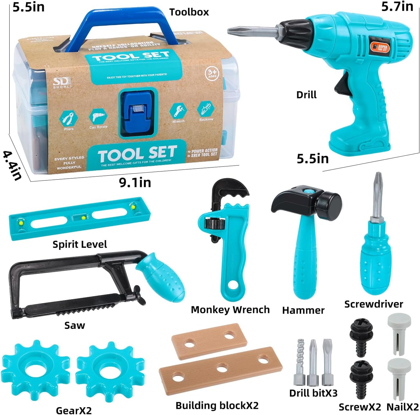 GAIETYDIY Kids Tool Set – Pretend Play Toddler Tool Set with Tool Box, Electronic Toy Drill, Screwdriver, Screw Construction Kits, Educational Tools for Kids Ages 3,4,5,6,7 Years Old, Boy Girl