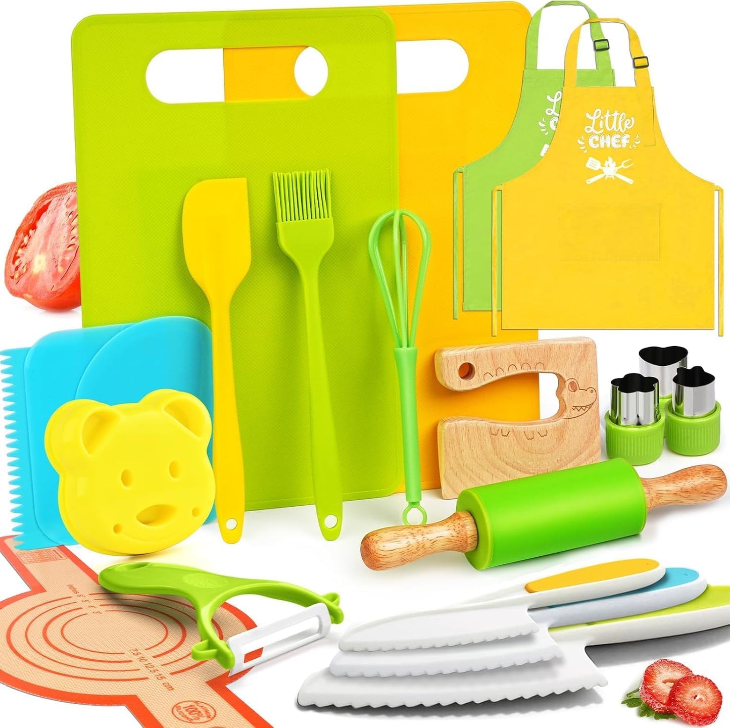 13 Pieces Montessori Kitchen Toys for Toddlers-Kids Cooking Sets Real-Toddler Toys Set for Real Cooking with Plastic Children Safe Knives Crinkle Cutter Kids Cutting Board