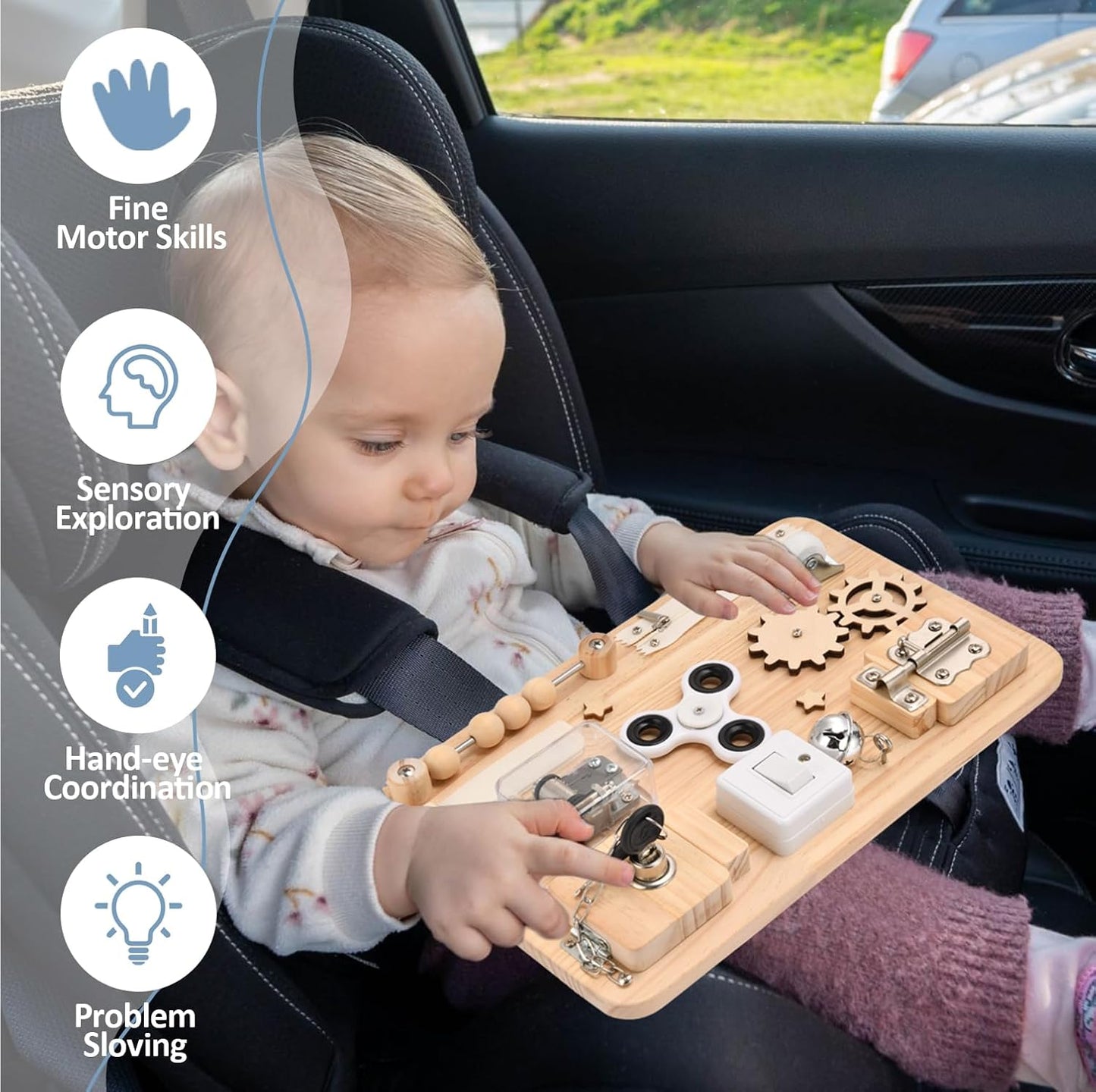Potatomato Pink Montessori Wooden Busy Board – Sensory Toy for Toddlers – Educational Activity Board for Kids Fine Motor Skills– Travel Fidget Toy for Girls & Boys – Birthday Gift for Autism & ADHD