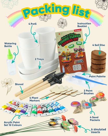 RGBDOT Kids Gardening Kit with Paintable Ceramic Flower Pots - DIY Arts and Crafts Gifts for Girls Ages 6-10 - Fun Indoor Activity Toys & Christmas Birthday Gift for Kids Home Decor
