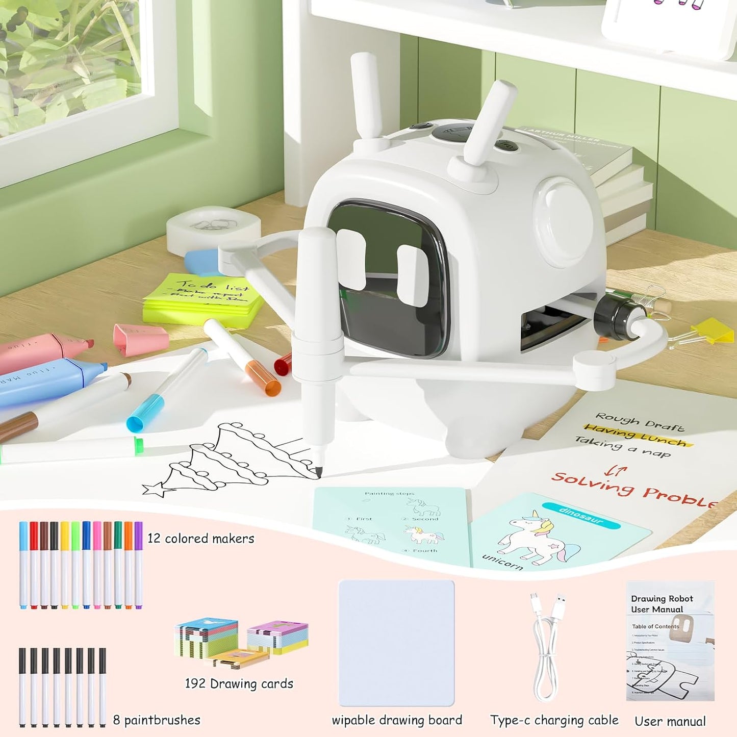 Drawing Robot for Kids with 192 Cards, Smart Robot Drawing Machine Toys for 3+ Year Old Boys and Girls, Interactive Painting Learning and Educational Toy Perfect for Birthday Chirstmas Party, White