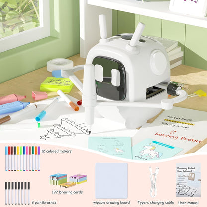 Drawing Robot for Kids with 192 Cards, Smart Robot Drawing Machine Toys for 3+ Year Old Boys and Girls, Interactive Painting Learning and Educational Toy Perfect for Birthday Chirstmas Party, White