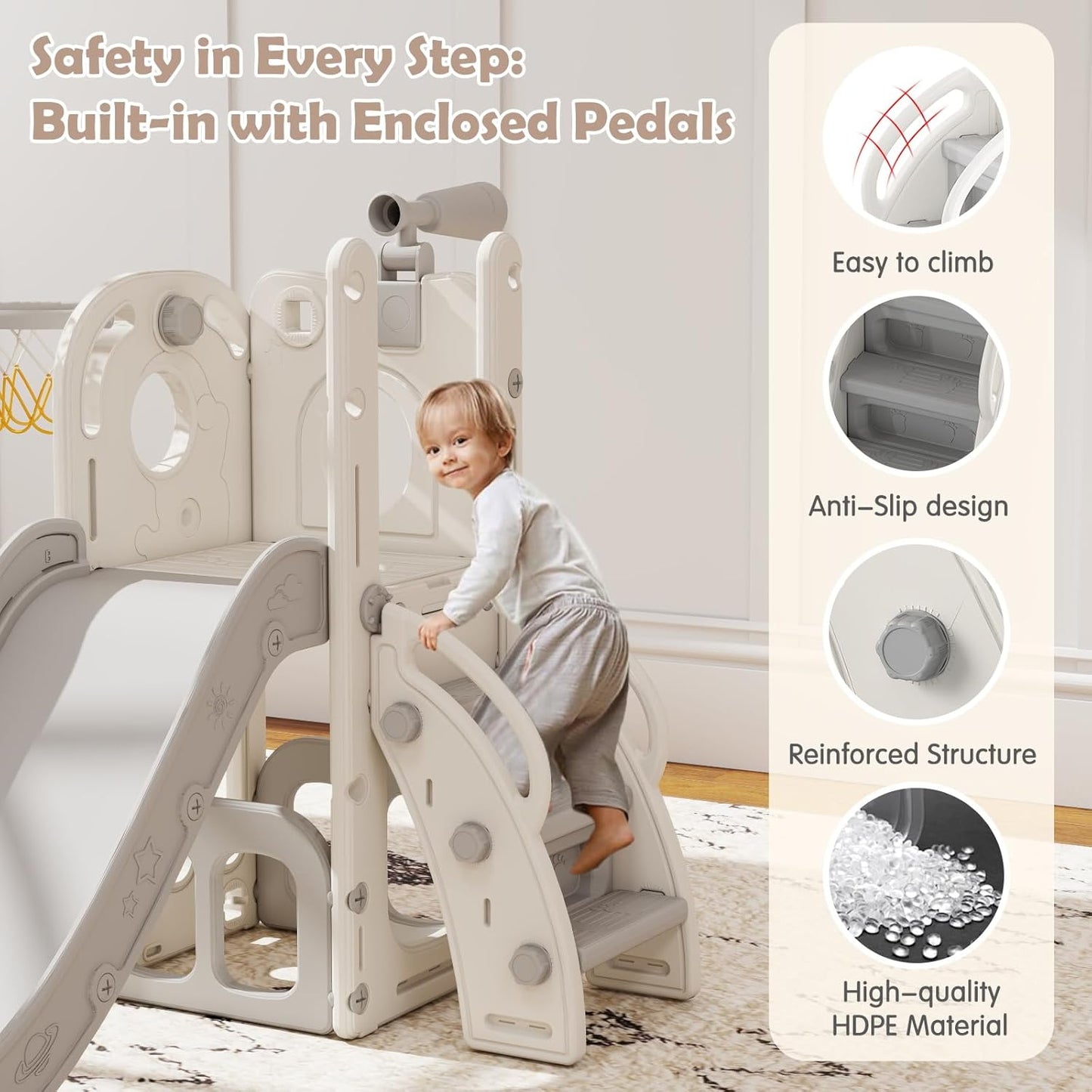 kinbor 6 in 1 Toddler Slide PlaySet - Indoor Outdoor Fun for Kids Ages 1-3, Includes Basketball Hoop, Telescope, Storage & Climber, Safe, Sturdy Baby Slide for Backyard Playground, Blue
