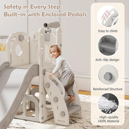 kinbor 6 in 1 Toddler Slide PlaySet - Indoor Outdoor Fun for Kids Ages 1-3, Includes Basketball Hoop, Telescope, Storage & Climber, Safe, Sturdy Baby Slide for Backyard Playground, Blue