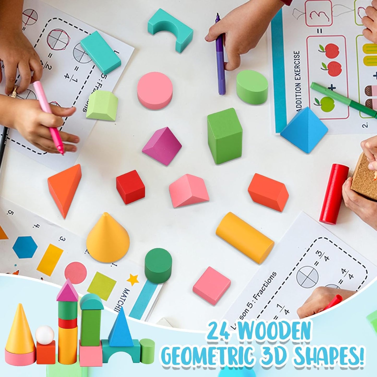Deekin 18 Pcs Large 3D Shapes for Teaching Math Manipulatives Geometric Solids Blocks Montessori Learning Blocks Solid for Preschool Elementary Home School Supplies (3D Shape)