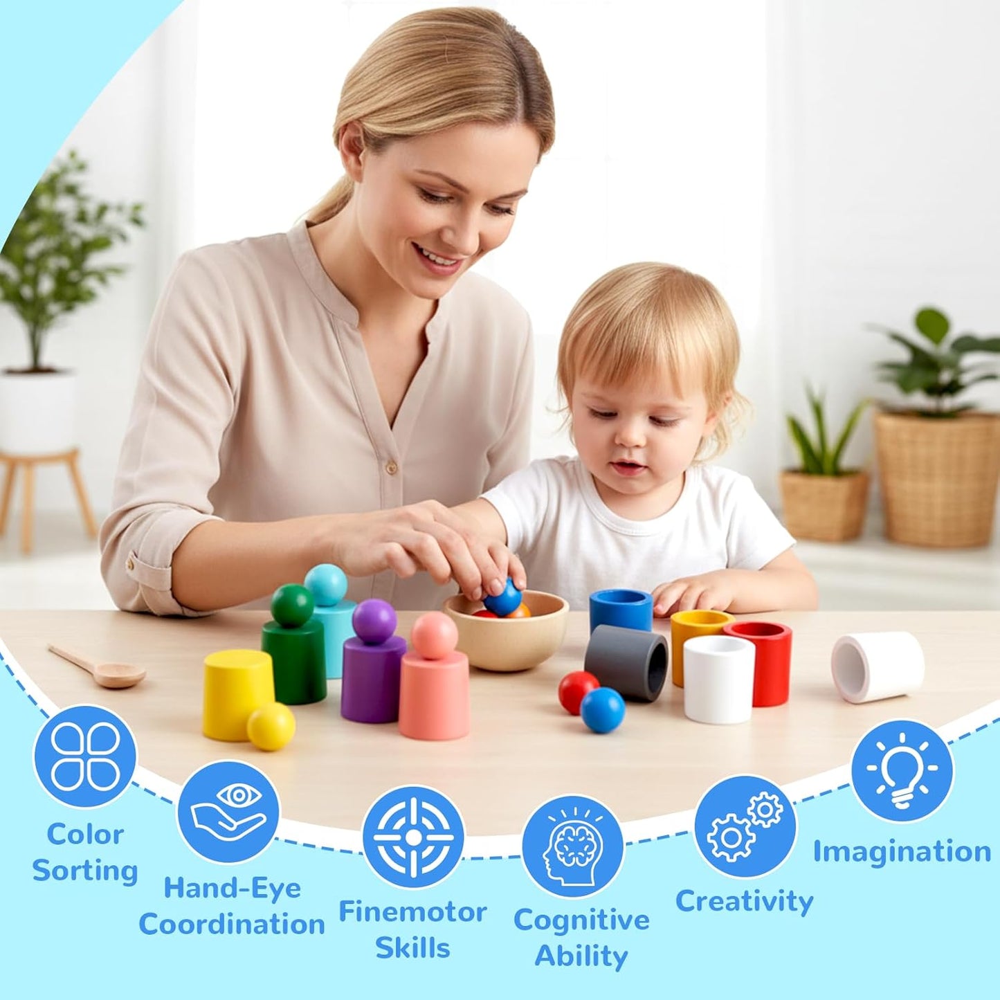 10 PCS Rainbow Balls in Cups, Mini Wood Classification Cup Game, Rainbow Sorting Balls with Spoon and Tongs, Preschool Learning Educational Montessori Matching Games for 3+ Year Old