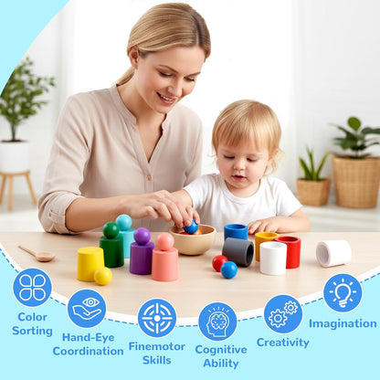 10 PCS Rainbow Balls in Cups, Mini Wood Classification Cup Game, Rainbow Sorting Balls with Spoon and Tongs, Preschool Learning Educational Montessori Matching Games for 3+ Year Old