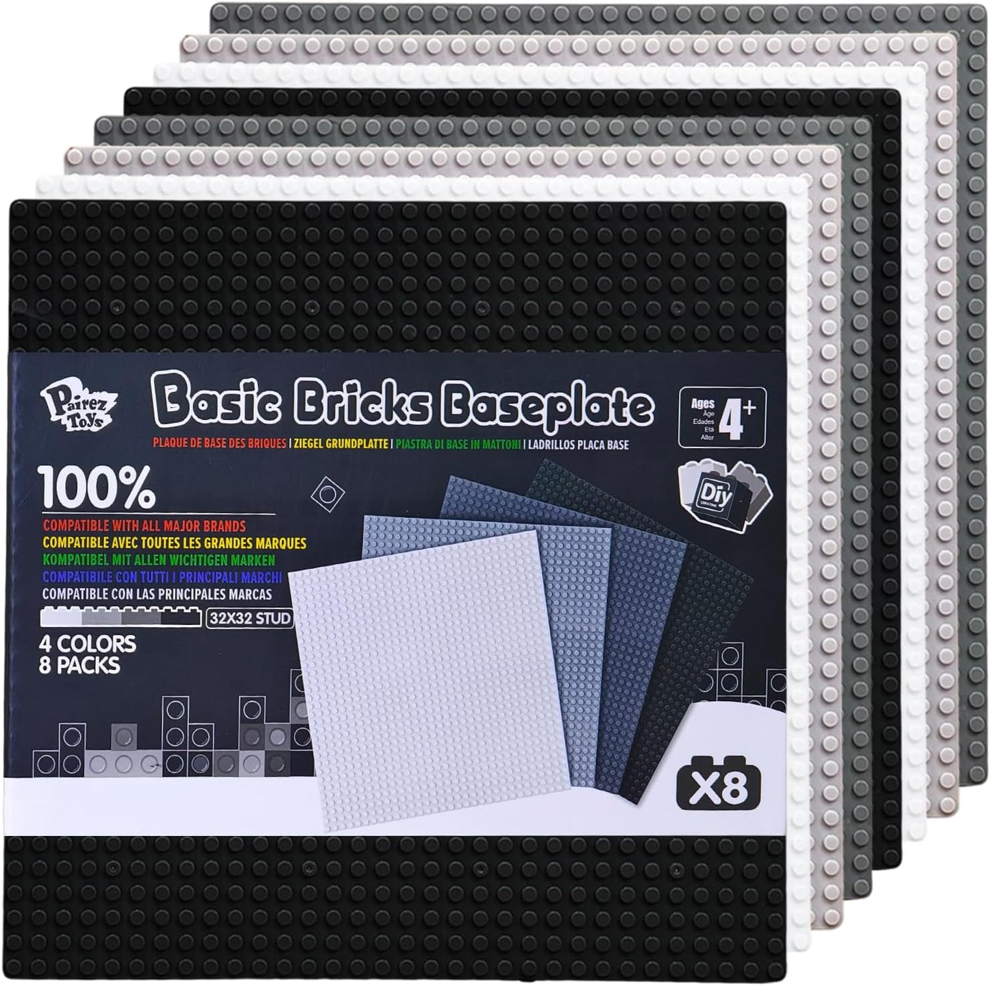 Pairez Toys 8-Pack Classic Baseplates for Building Bricks (10" x 10") – Compatible with All Major Brands, Construction Toys for Kids Ages 4-8+, Black, White, Dark Gray, Light Gray