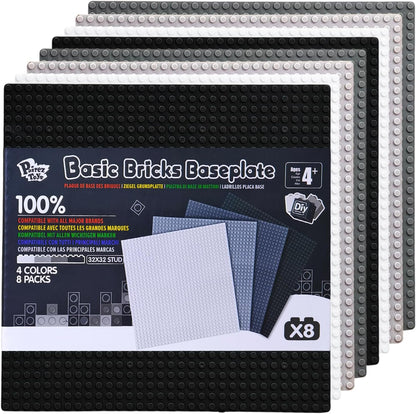 Pairez Toys 8-Pack Classic Baseplates for Building Bricks (10" x 10") – Compatible with All Major Brands, Construction Toys for Kids Ages 4-8+, Black, White, Dark Gray, Light Gray