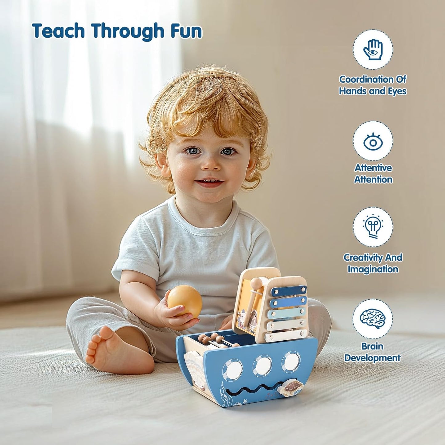 Promise Babe 5-in-1 Baby Wooden Activity Cube, Sea Ocean Montessori Toddler Toys for 1+ Year Old Boys Girls Gifts, Educational Learning Boat Toys for 1st Birthday Gifts for Kids