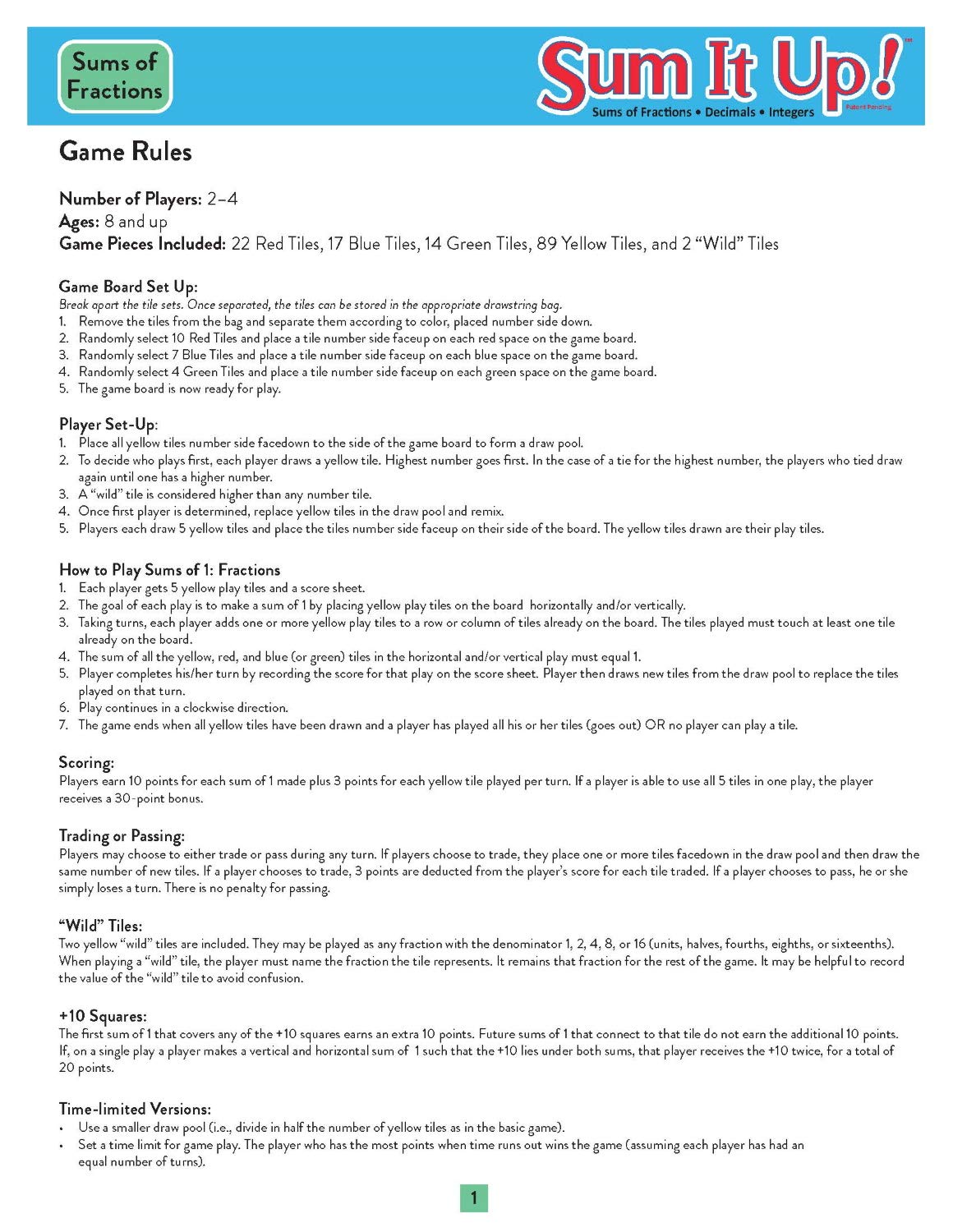 Didax Educational Resources Sum It Up! Sums of Fractions, Decimals, Integers