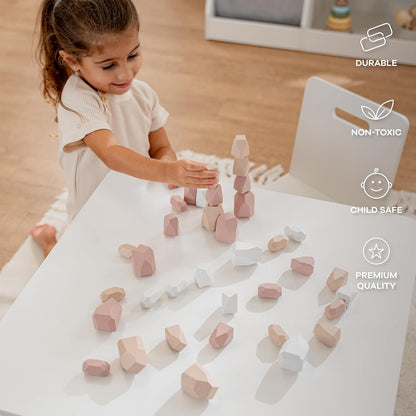 Comfy Cubs Stacking Rocks 36 Pieces, 36 Months+, Educational Toddler Stacking Blocks, Promotes Imagination, Balance & Fine Motor Skills - Wooden Rocks Sensory Toys Gift for Kid, Neutral Pack
