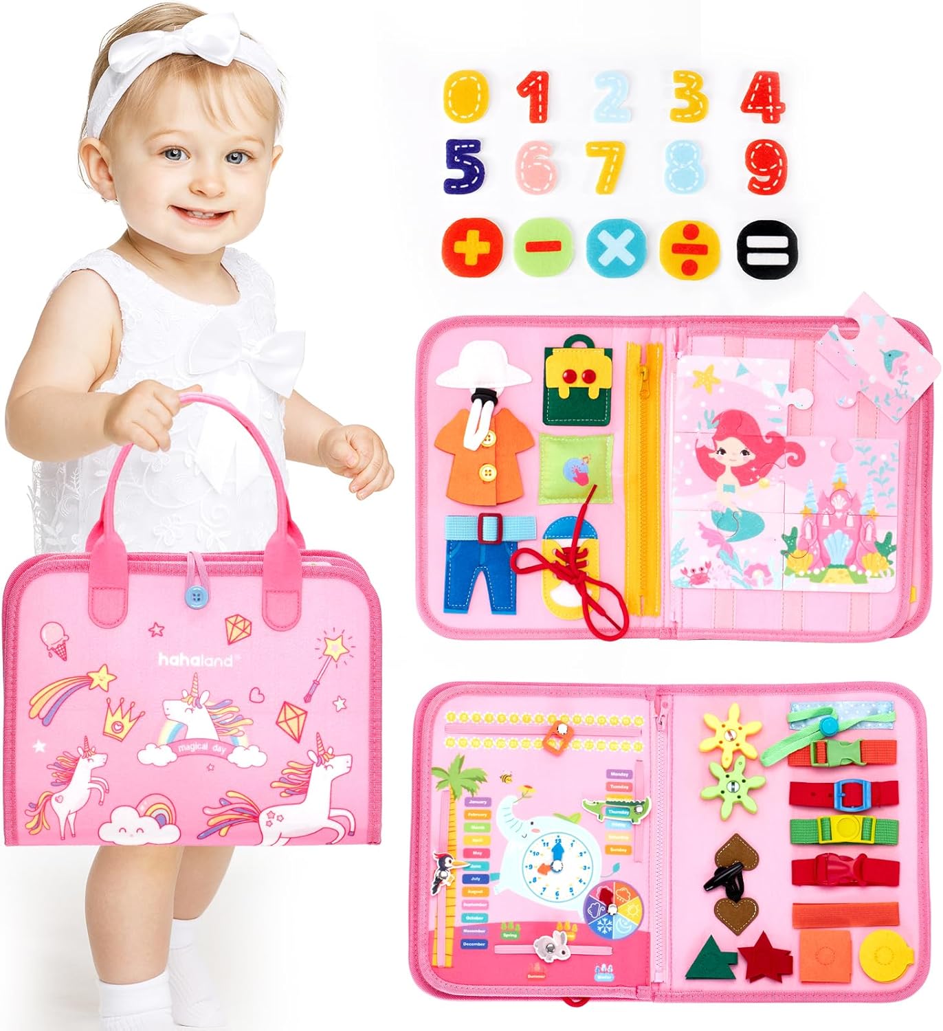 hahaland Busy Board for Toddlers - Montessori Toys Preschool Learning Activities with Life Skills, Alphabet, Number, Shape, Color, Animal, Weather - Toddler Boy Learning Educational Toys, Travel Toys
