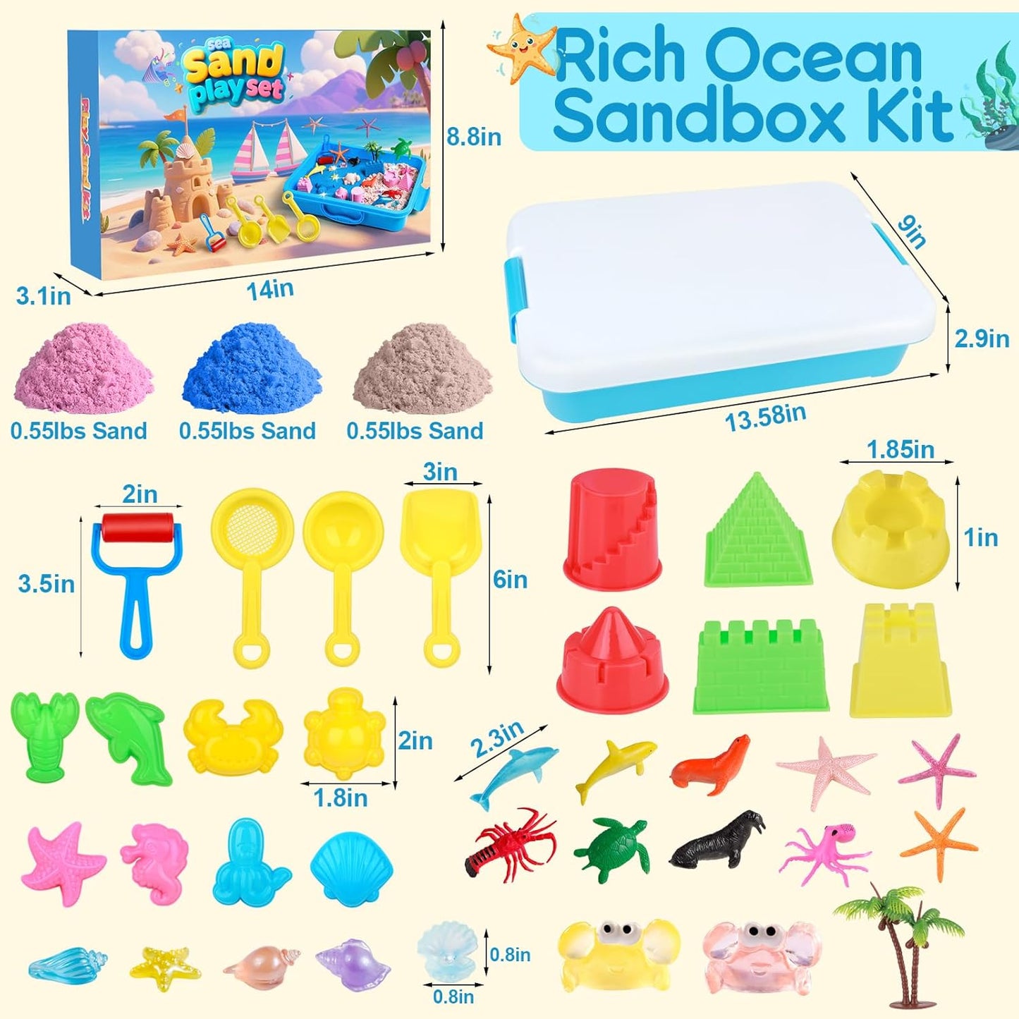 Mikiwon Ocean Sensory Bin, Sandbox Play Sand Art Kit with 1.65lbs Play Sand, Sea Animal Toys Molds, Sensory Play for Girls Boys Age 3 4 5 6 7 8, Beach Toys for Kids Xmas Birthday Gifts
