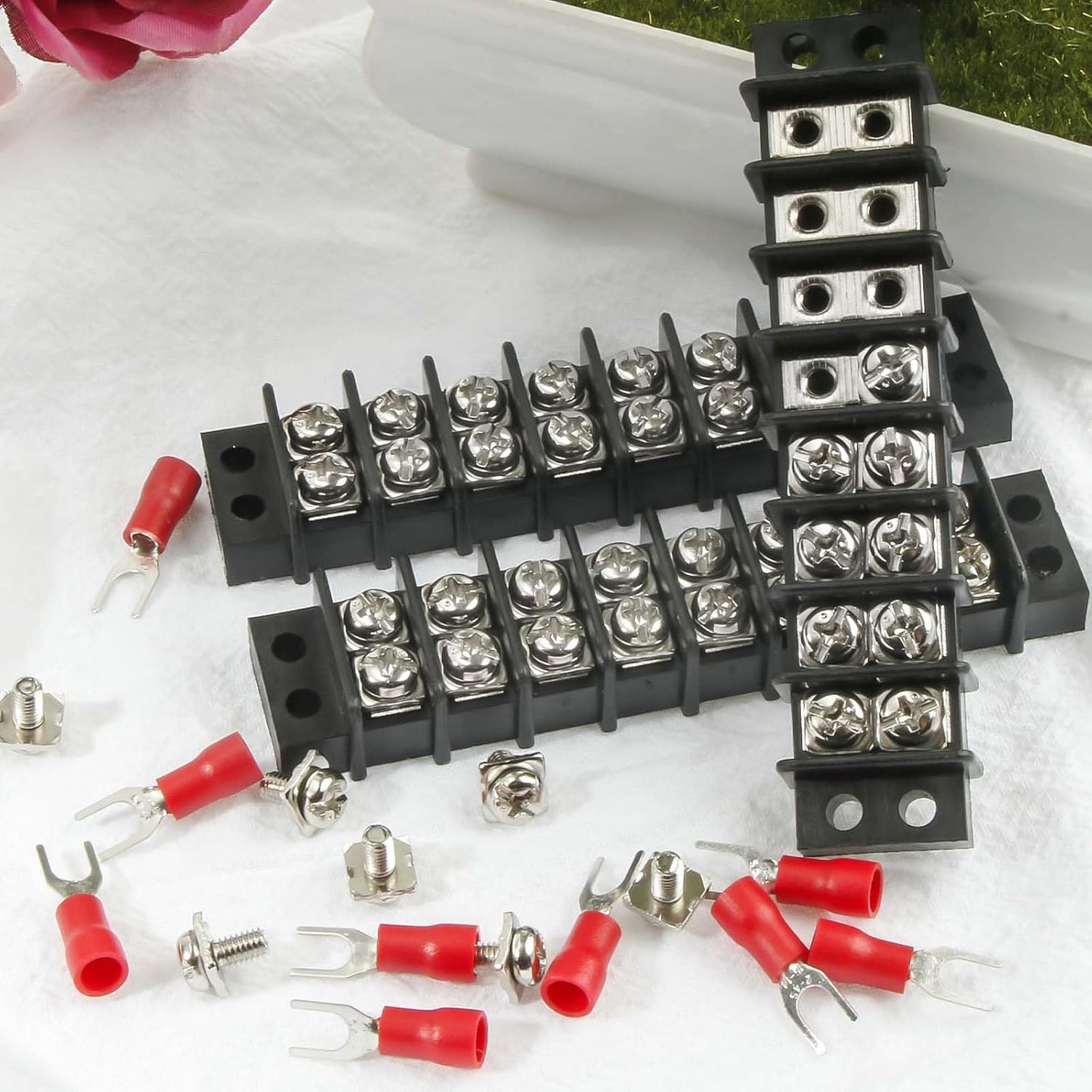 3sets 10 Position Terminal Strips， Dual Screw Terminals Block Strip with 16-14AWG Insulated Fork Wire Connectors for Electrical Wiring