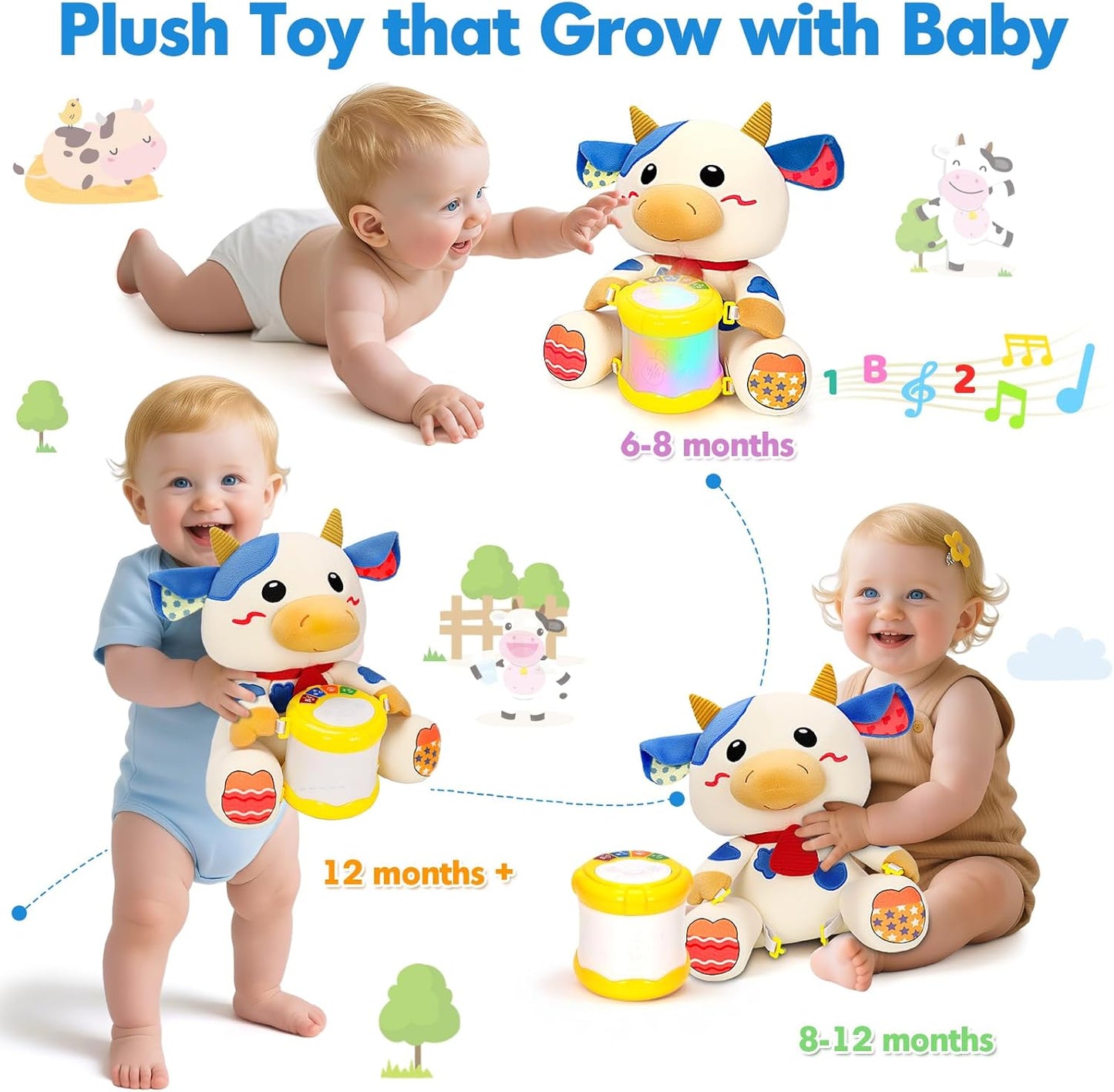 V-Opitos Stuffed Bear Musical Toys for Baby 6-12 Months+, Early Learning Light up Music Drum, Perfect Christmas Birthday Gifts for Boy & Girl Age 1, 2 Years Old