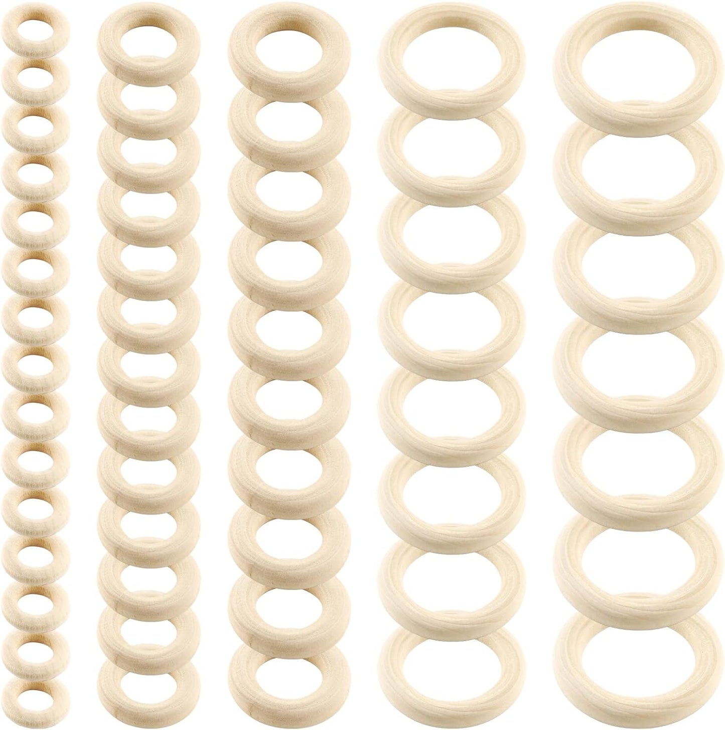 100pcs 5 Sizes Natural Wood Rings, Unfinished Solid Wooden Hoops, Smooth Wooden Rings for Craft, Jewelry Making, DIY Pendant Connectors (Assorted Sizes)