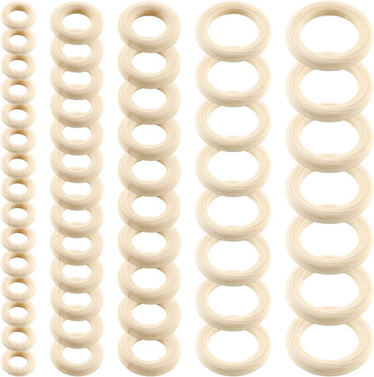 100pcs 5 Sizes Natural Wood Rings, Unfinished Solid Wooden Hoops, Smooth Wooden Rings for Craft, Jewelry Making, DIY Pendant Connectors (Assorted Sizes)