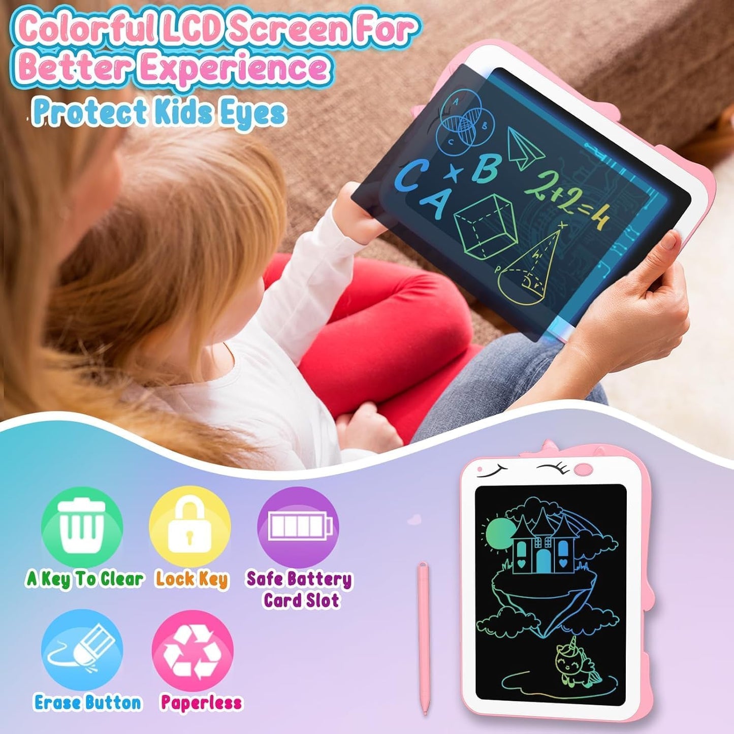 Kids LCD Writing Tablet, 10.5 Inch Colorful Electronic Board Drawing Pad, Electronic Erasable Doodle Tablet for Boys Girls Gifts for Toddler Educational Travel Birthday(Pink)