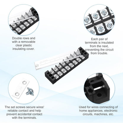 uxcell 10 Pcs Barrier Terminal Strip Block 600V 25A Dual Rows 8 Positions Rail Base Screw Connector(The Shell is Made of Flame Retardant and Heat Resistant Material)