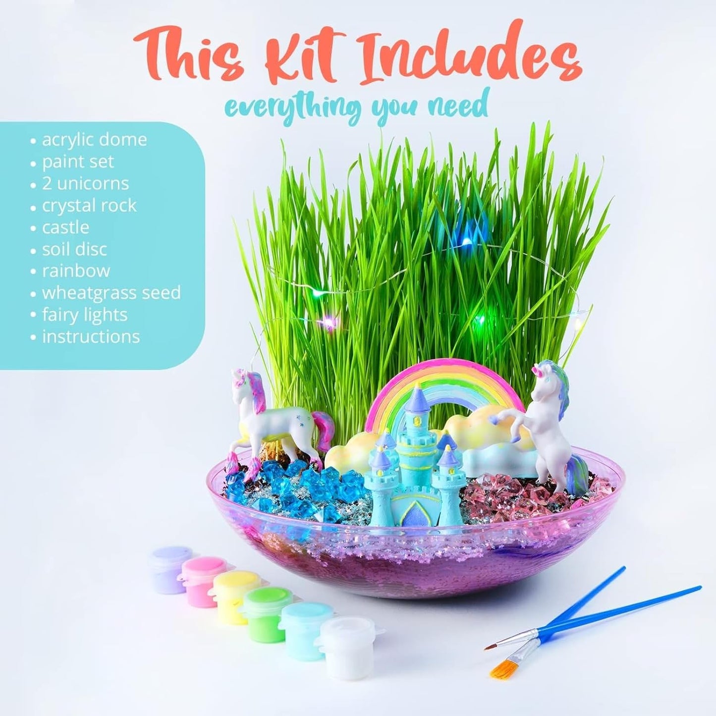 BRYTE Light Up Unicorn Terrarium Kit - Blue & Pink Round Plastic Dome, Ages 4-12 - Fairy Garden Kids Kit with Seeds & Terrarium Rock