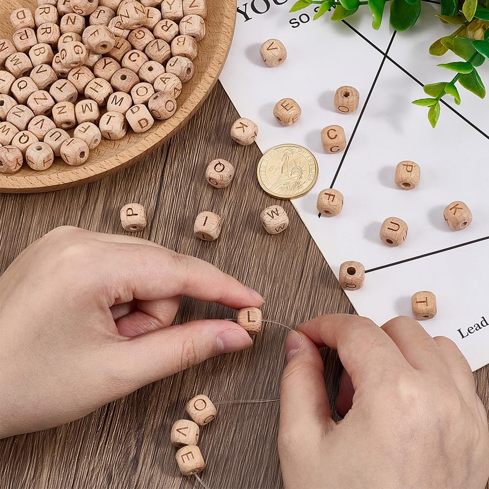 PH PandaHall 104pcs Alphabet Wooden Beads, 10mm Flat Round Letter Beads Natural Wooden Flat Bead Wood Loose Bead for DIY Crafts Jewelry Making, Hole 3~3.5mm