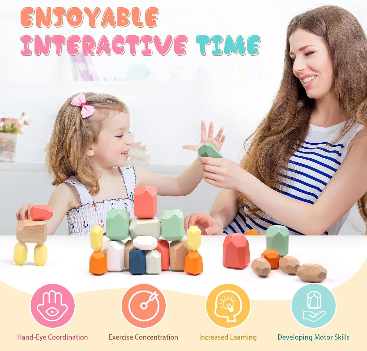 36PCS Wooden Stacking Rocks Building Blocks, Montessori Toys for 3 4 5 year old Stacking Game Sensory Preschool Learning Activities, Balancing Stones Birthday Gifts for Kids 3-5 Easter Basket Stuffers