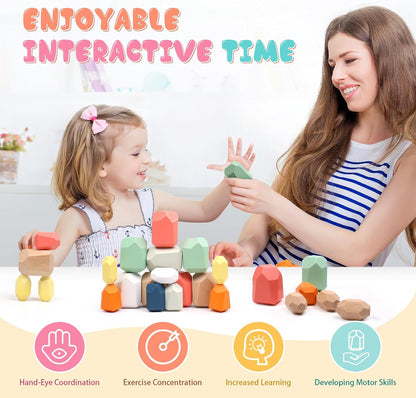 36PCS Wooden Stacking Rocks Building Blocks, Montessori Toys for 3 4 5 year old Stacking Game Sensory Preschool Learning Activities, Balancing Stones Birthday Gifts for Kids 3-5 Easter Basket Stuffers