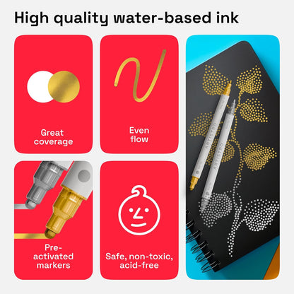 ARTISTRO 2 Gold & Silver Dual-Tip Acrylic Paint Pens - Multisurface Markers for Glass, Rock, Fabric, Wood, Plastic & More - 5mm Dot + 1mm Fine Tips