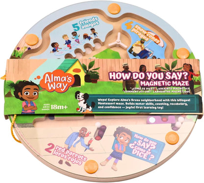 Upbounders® Alma’s Way™ “How Do You Say?” Bilingual Montessori Magnetic Maze – Spanish & English Learning Toy for Toddlers 18 Months+ – Fine Motor & First Words Play