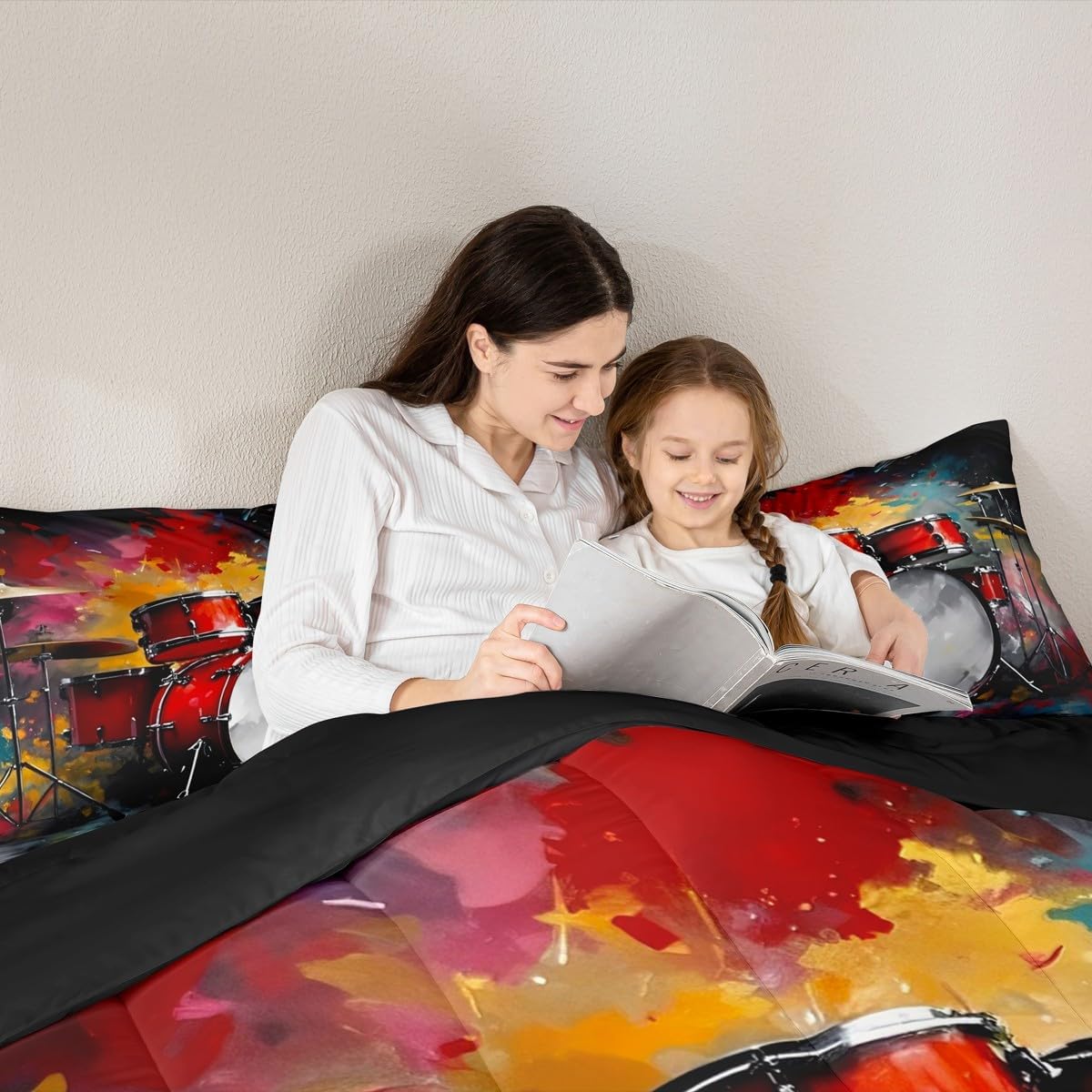 Erosebridal Drum Kit 3D Print Kids Comforter Sets Rock Music Themed Full Bedding Set for Boys Girls Musical Pattern Comforter Set,Colorful Retro Style Quilt Duvet 3 Pcs