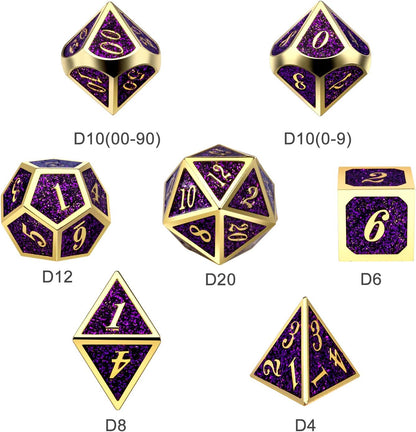 DnDnD Heavy Polyhedral Metal Dice Set with Metal Box, 7-die Shiny Blue Surface with Golden Number for RPG,Dungeons and Dragons,Pathfinder,Shadowrun,D&D,Role Palying Game and Math Teaching - Colors A