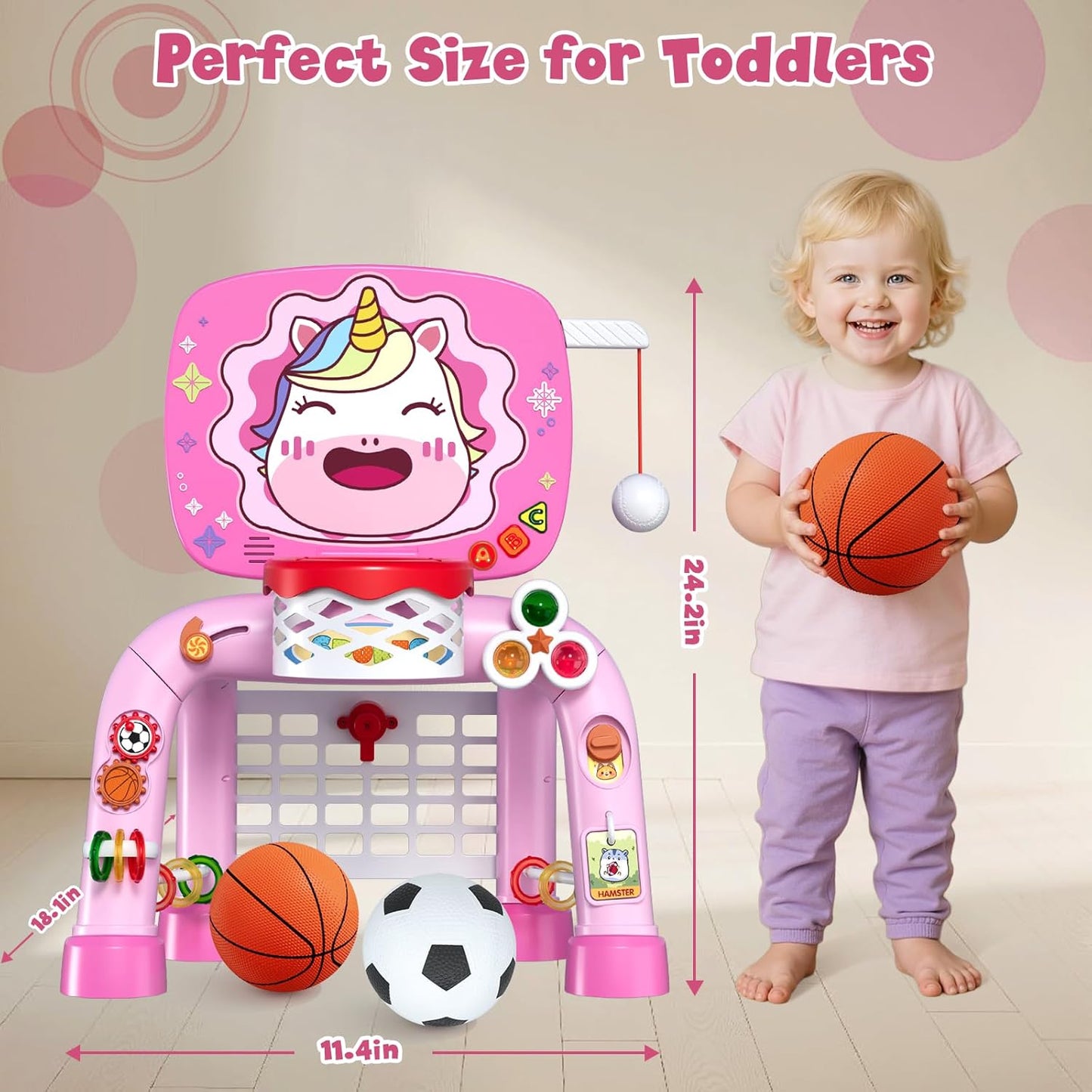 HYES Toddler Basketball Hoop Tball Set & Soccer Goal - Lion Sport Toys for 1 Year Old Boy with Learning Activities (Abacus/Alphabet/Animals Sounds) Christmas Birthday Gifts for Baby Boy Age 1 2 3