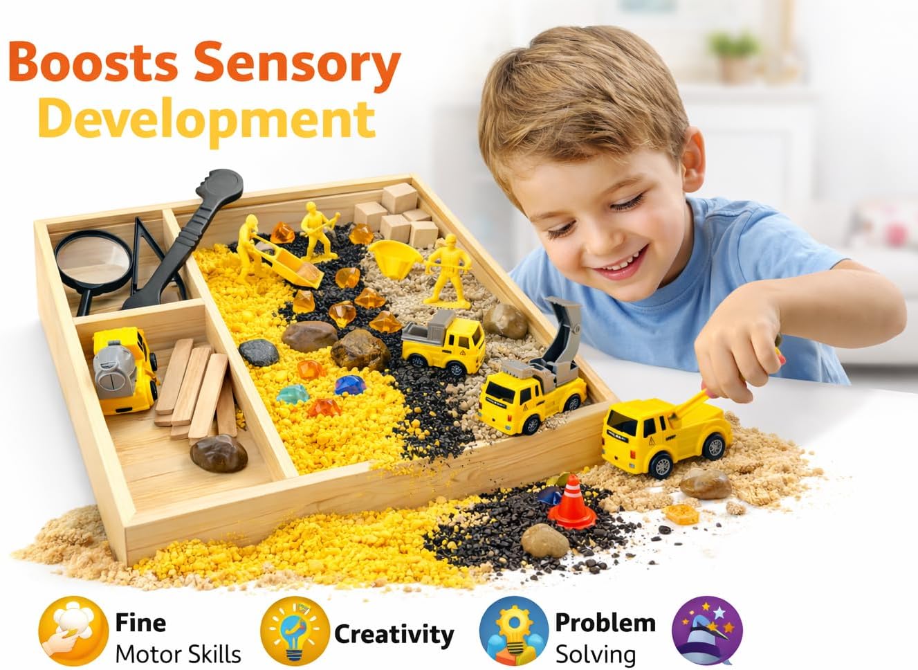 Construction Sensory Bin for Kids - DIY Jr Putty Explorers Wooden Sensory Play Kit with Play Sand, Trucks, Tools & Gems - Montessori STEM Fine Motor Toy for Toddlers & Preschool Boys 3+