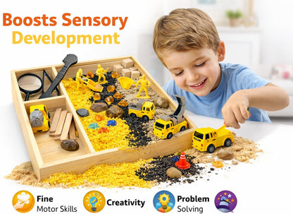 Construction Sensory Bin for Kids - DIY Jr Putty Explorers Wooden Sensory Play Kit with Play Sand, Trucks, Tools & Gems - Montessori STEM Fine Motor Toy for Toddlers & Preschool Boys 3+